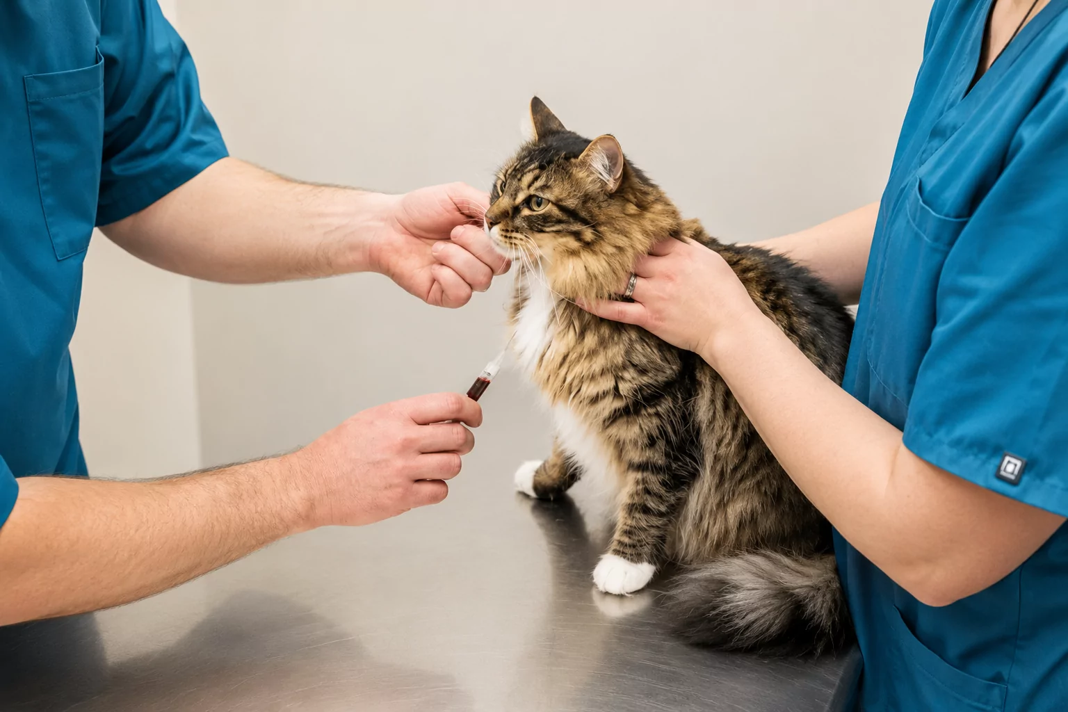 Veterinary team in blue scrubs gently collecting a blood sample from a long-haired cat during a health examination.