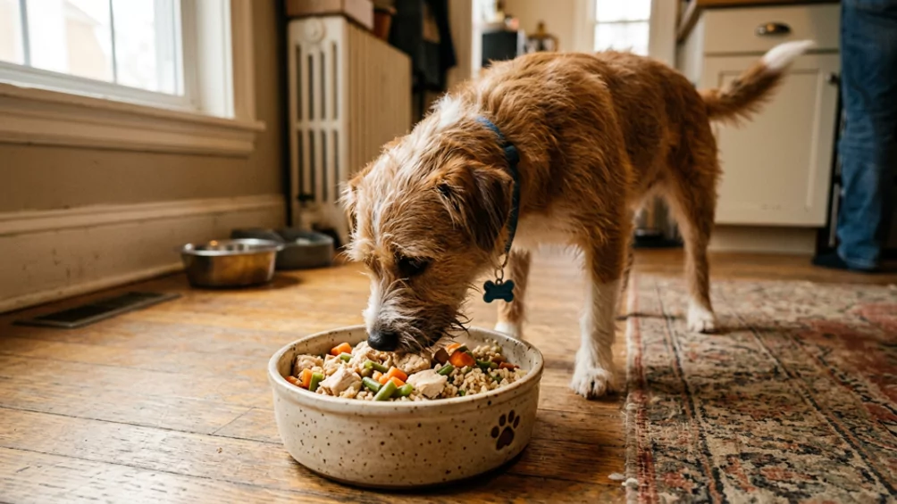 A happy, healthy dog with a bowl of fresh wholefood.